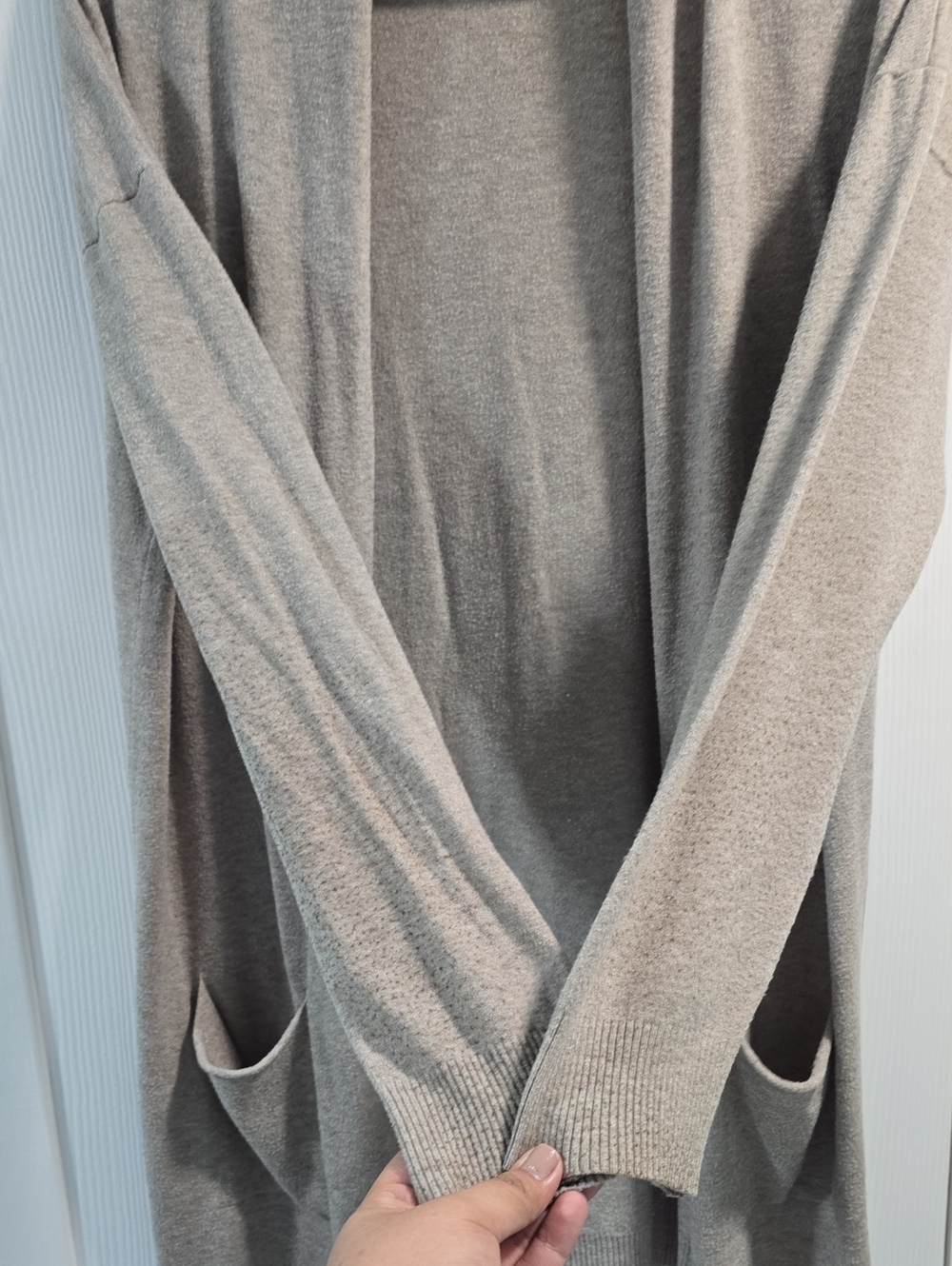 Cyrus Light Gray/Taupe Open-Front Cardigan with Pockets - Picture 2 of 10